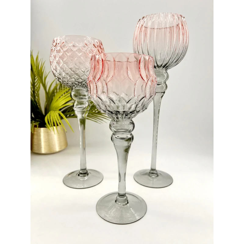 Set de 3 bougeoirs en verre décoratifs, cristal rose/gris