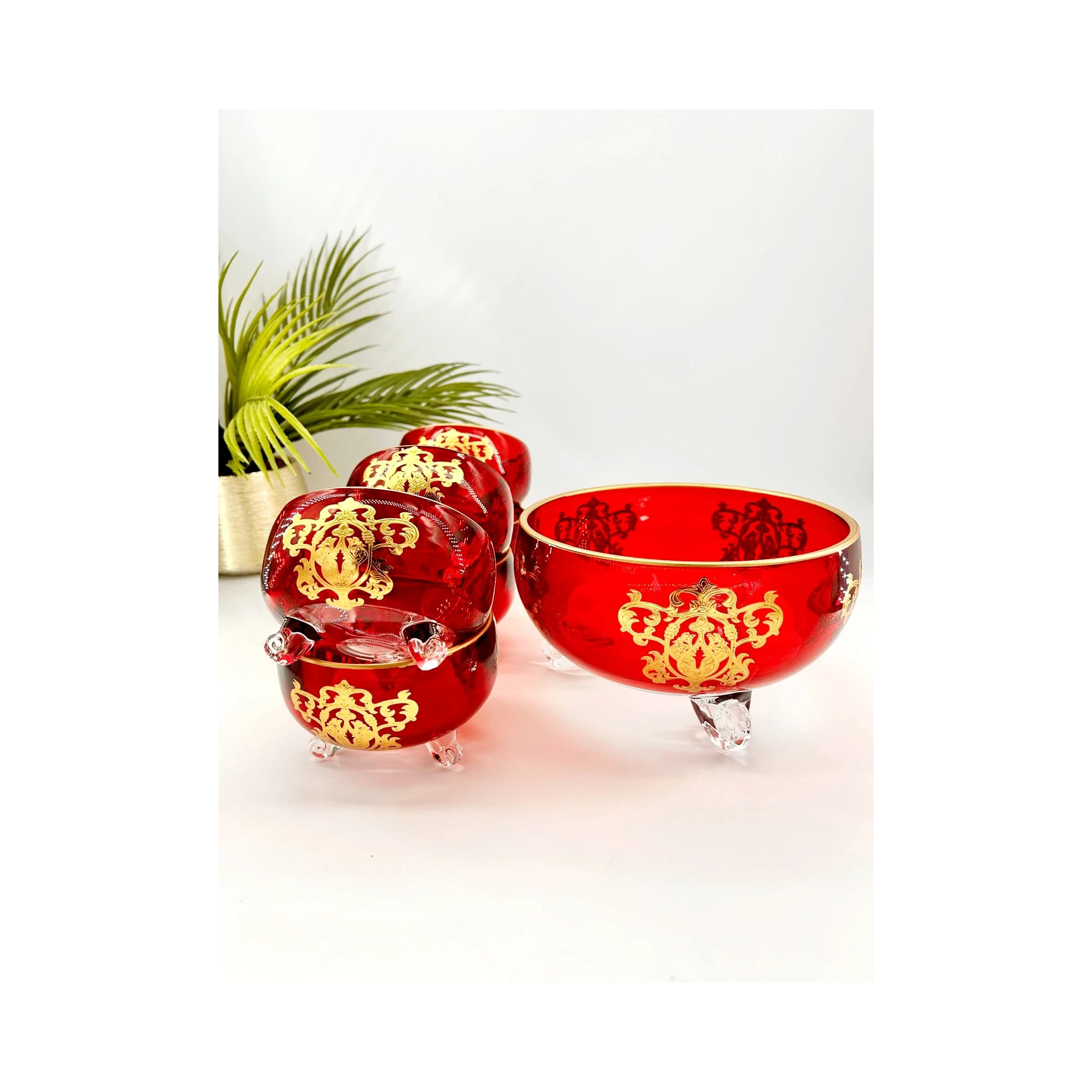 Ensemble de Bols en Cristal d'Italie Rouge et Doré