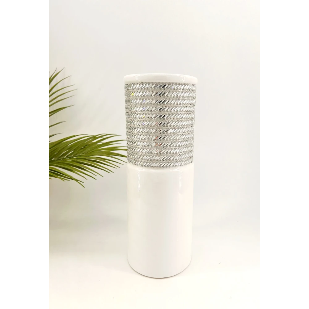 Vase en Céramique Blanc et Argenté – 29 cm