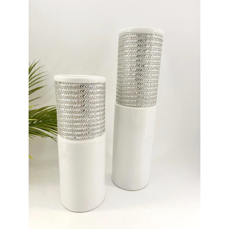 Vase en Céramique Blanc et Argenté – 29 cm