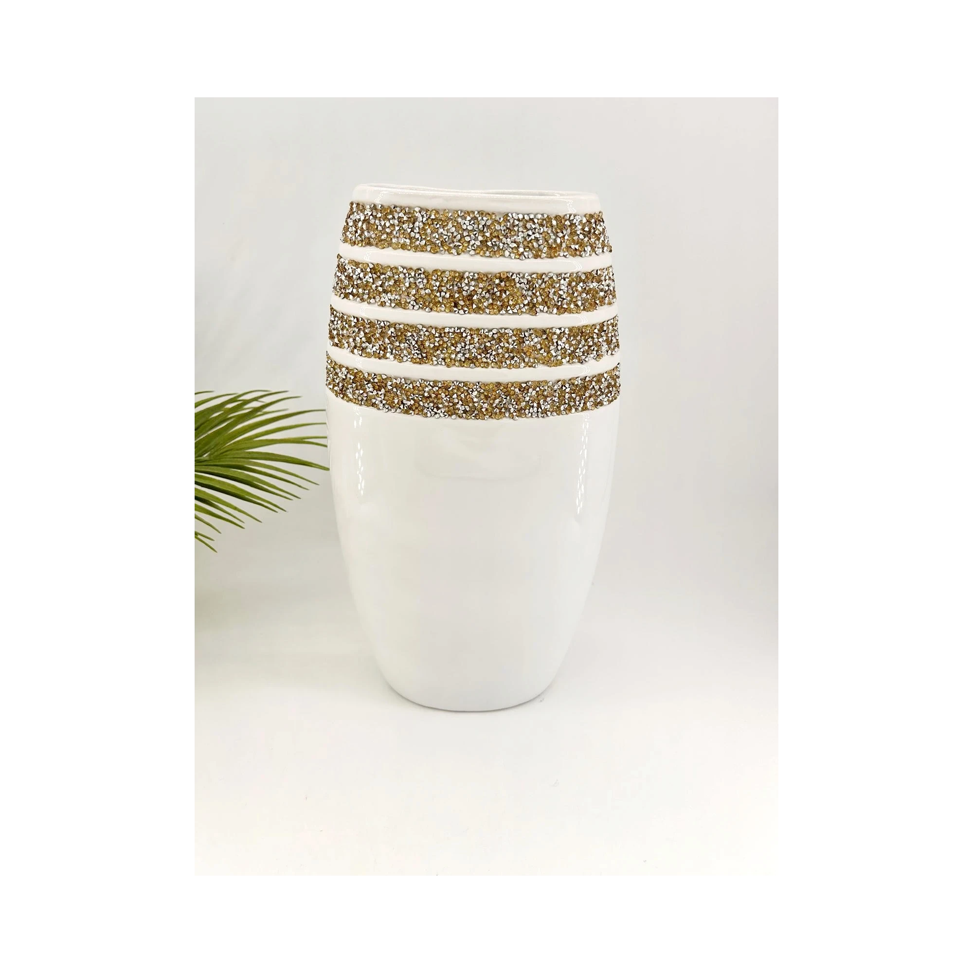 Vase en Céramique Blanc avec Ornements Cristallins