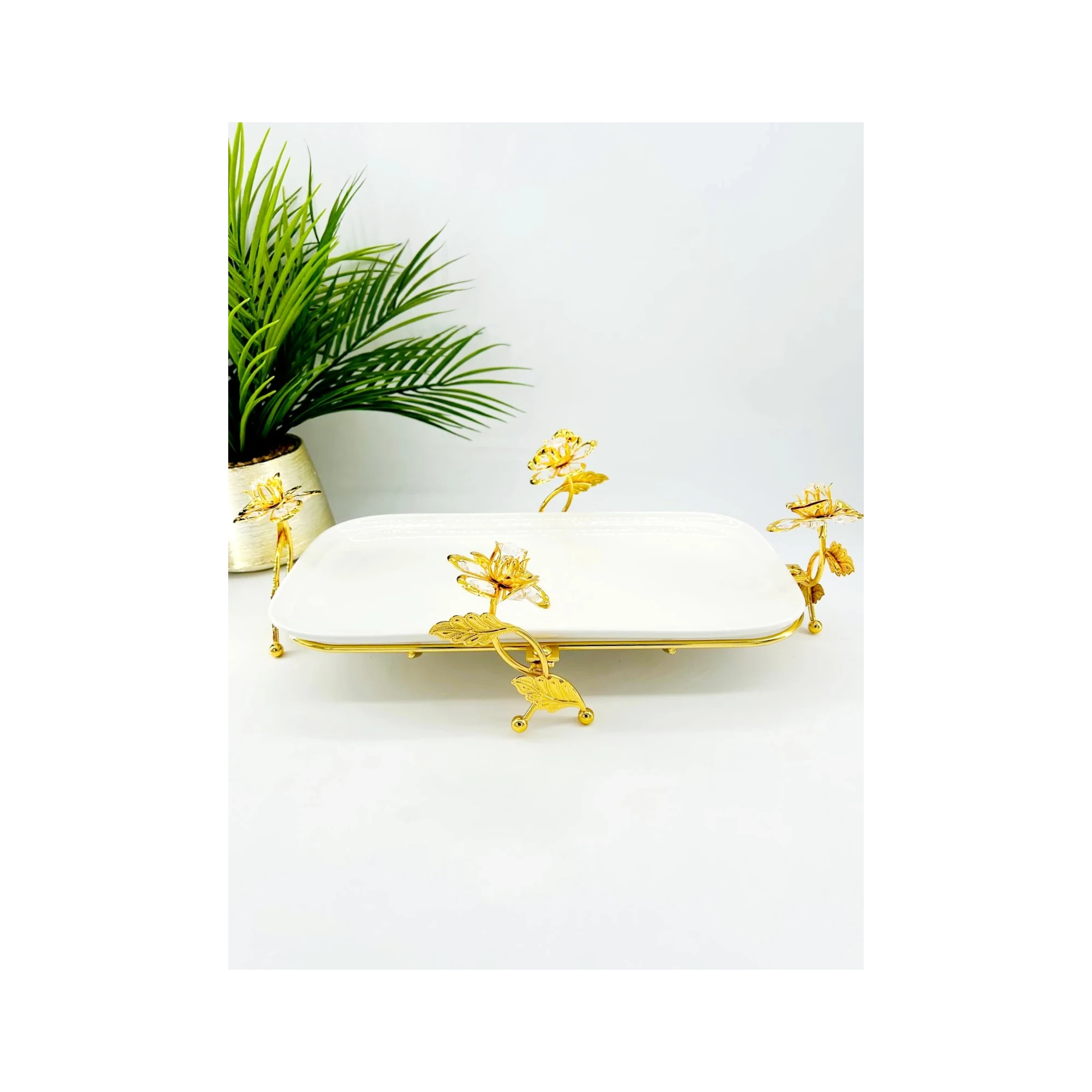Plateau décoratif en porcelaine avec support fleuri en métal