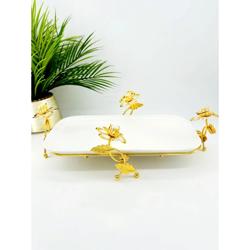 Plateau décoratif en porcelaine avec support fleuri en métal
