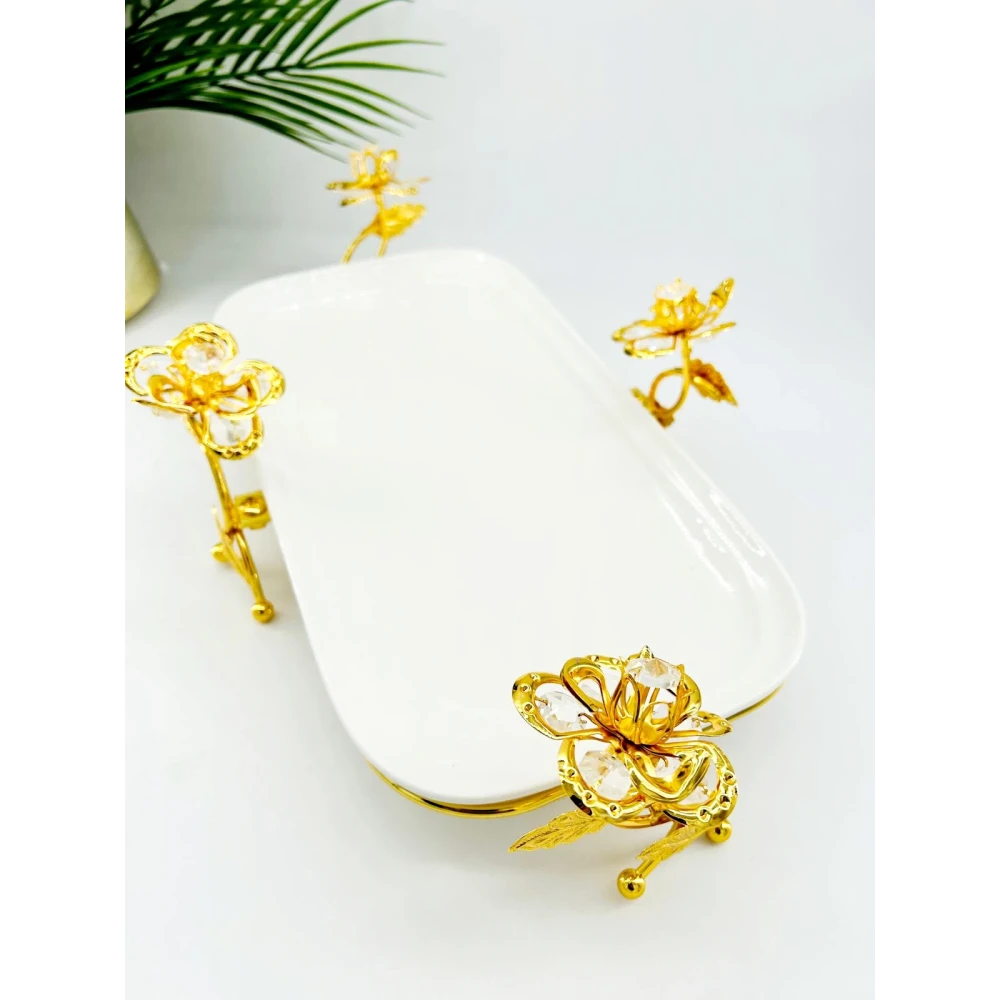 Plateau décoratif en porcelaine avec support fleuri en métal