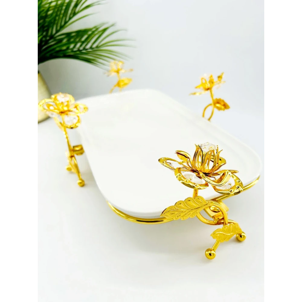 Plateau décoratif en porcelaine avec support fleuri en métal
