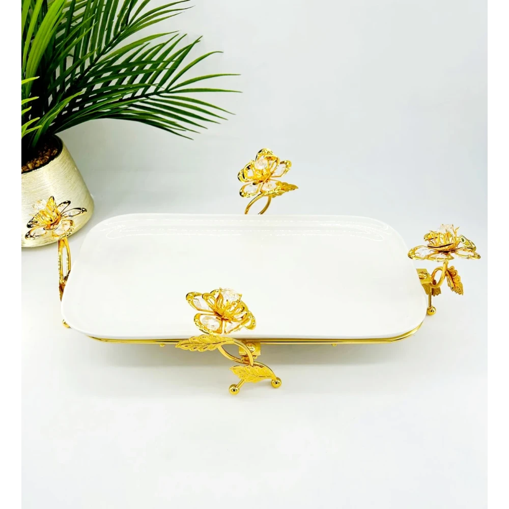 Plateau décoratif en porcelaine avec support fleuri en métal