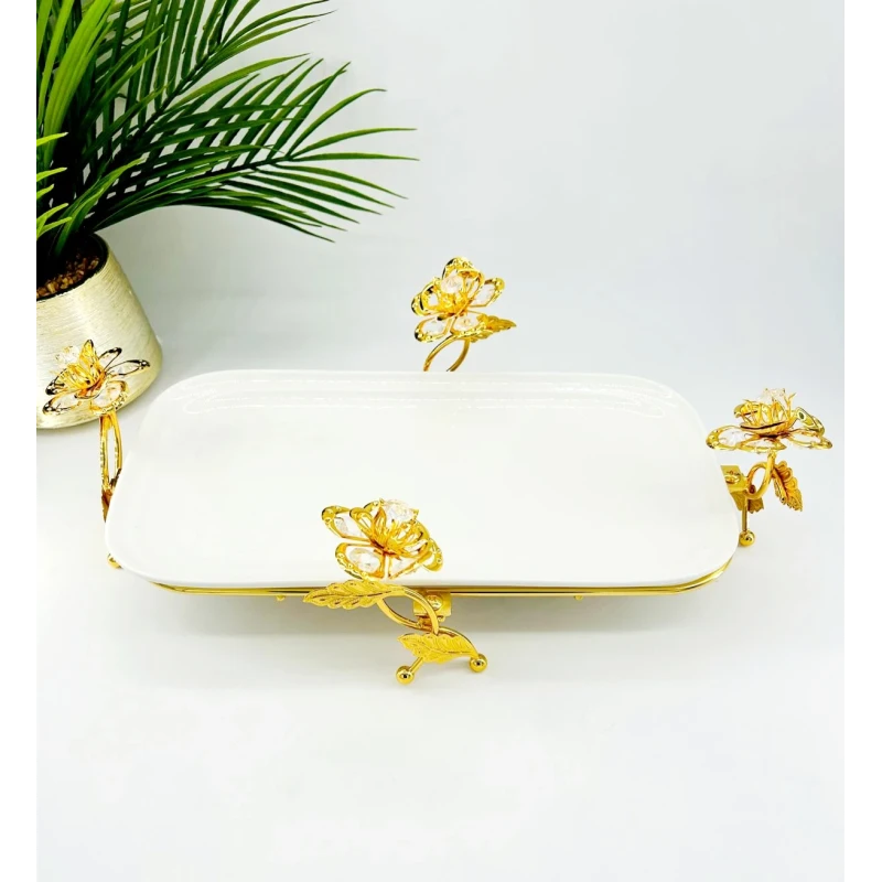 Plateau décoratif en porcelaine avec support fleuri en métal