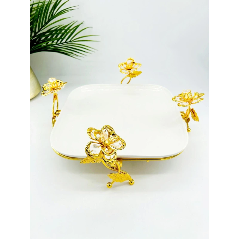 Plat de Présentation Carré en Porcelaine avec Décor Floral Doré