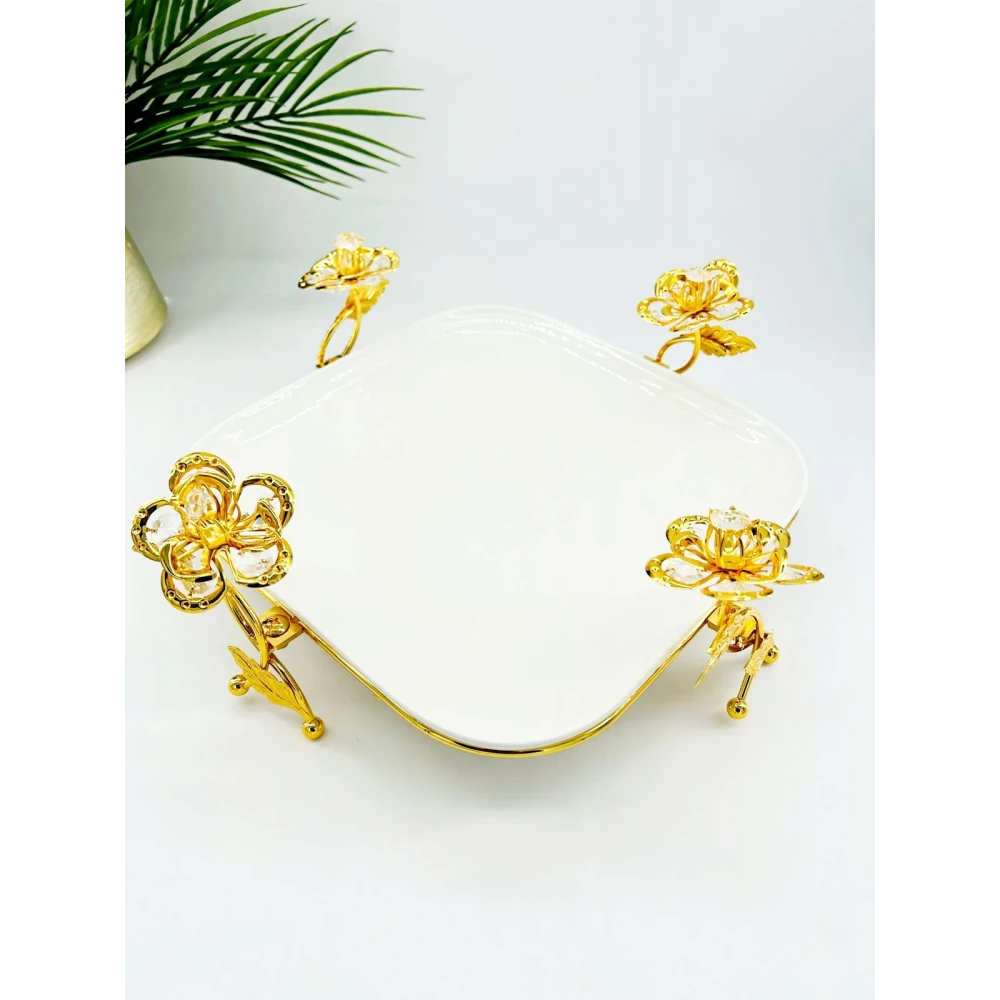 Plat de Présentation Carré en Porcelaine avec Décor Floral Doré