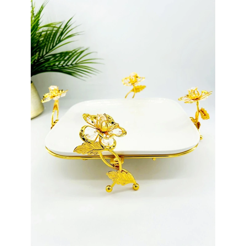 Plat de Présentation Carré en Porcelaine avec Décor Floral Doré