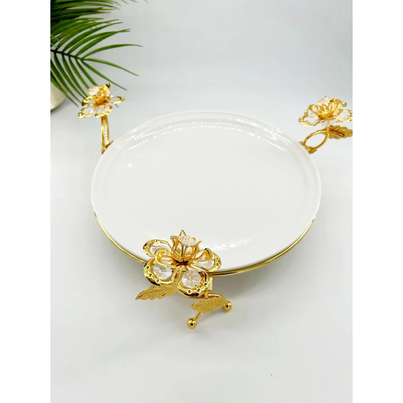 Plat de Présentation Rond en Porcelaine avec Décor Floral Doré