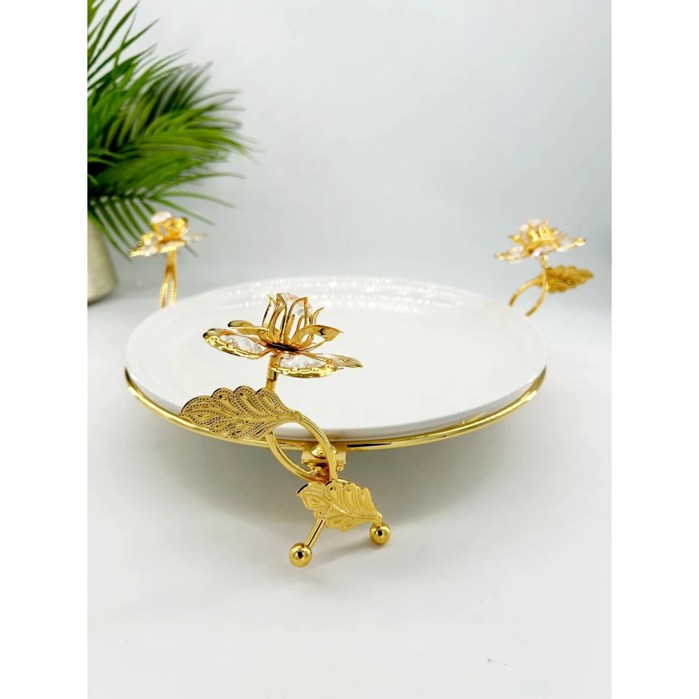 Plat de Présentation Rond en Porcelaine avec Décor Floral Doré