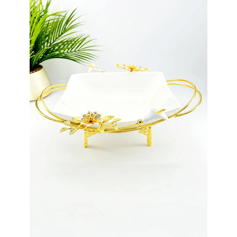 Plat de présentation Creux Carré en Porcelaine avec Support Doré