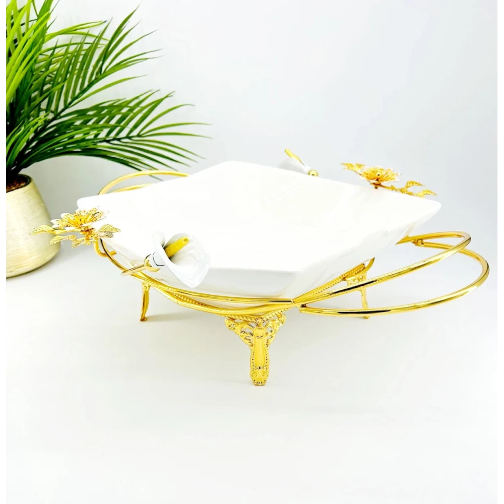 Plat de présentation Creux Carré en Porcelaine avec Support Doré