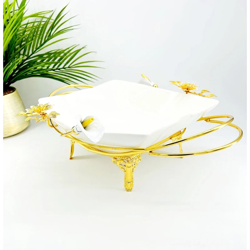 Plat de présentation Creux Carré en Porcelaine avec Support Doré