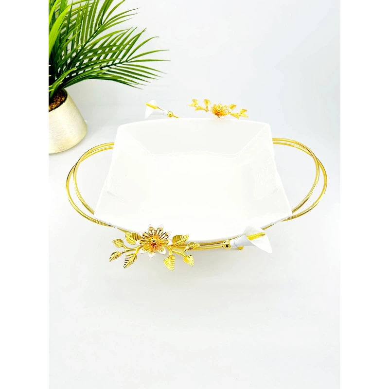 Plat de présentation Creux Carré en Porcelaine avec Support Doré