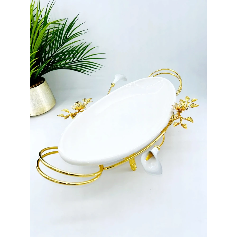 Plat Ovale en Porcelaine avec Support Doré
