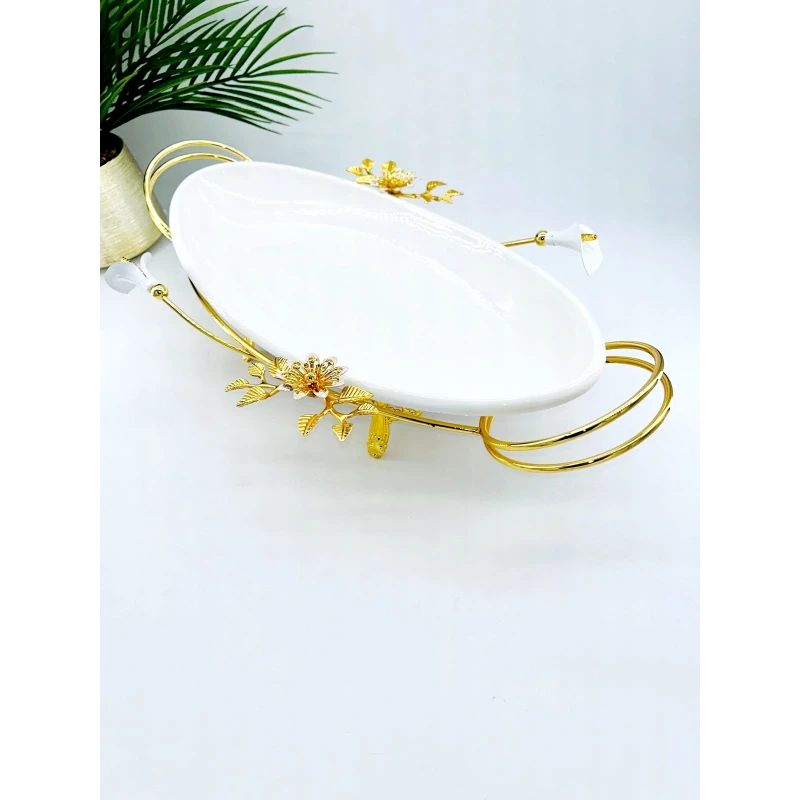 Plat Ovale en Porcelaine avec Support Doré