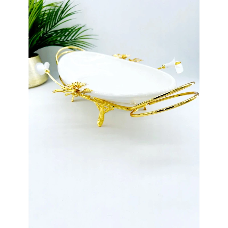 Plat Ovale en Porcelaine avec Support Doré
