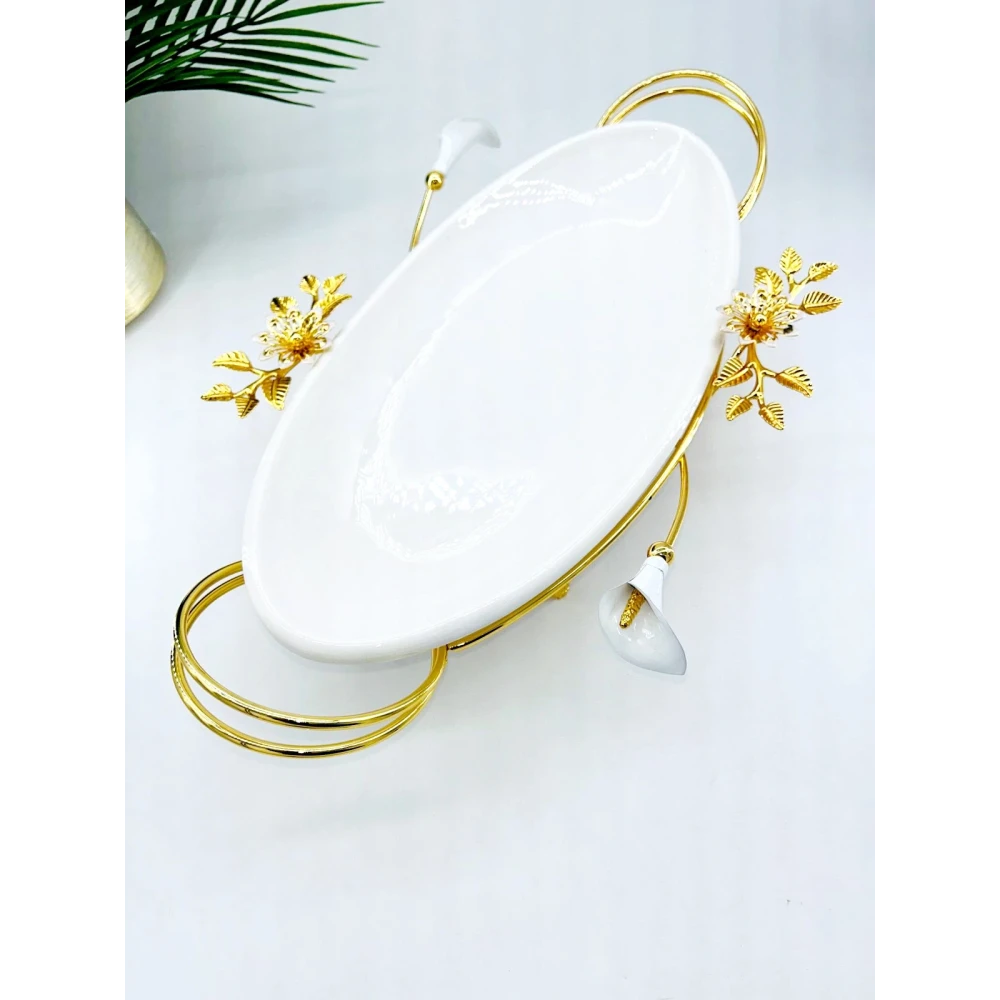 Plat Ovale en Porcelaine avec Support Doré