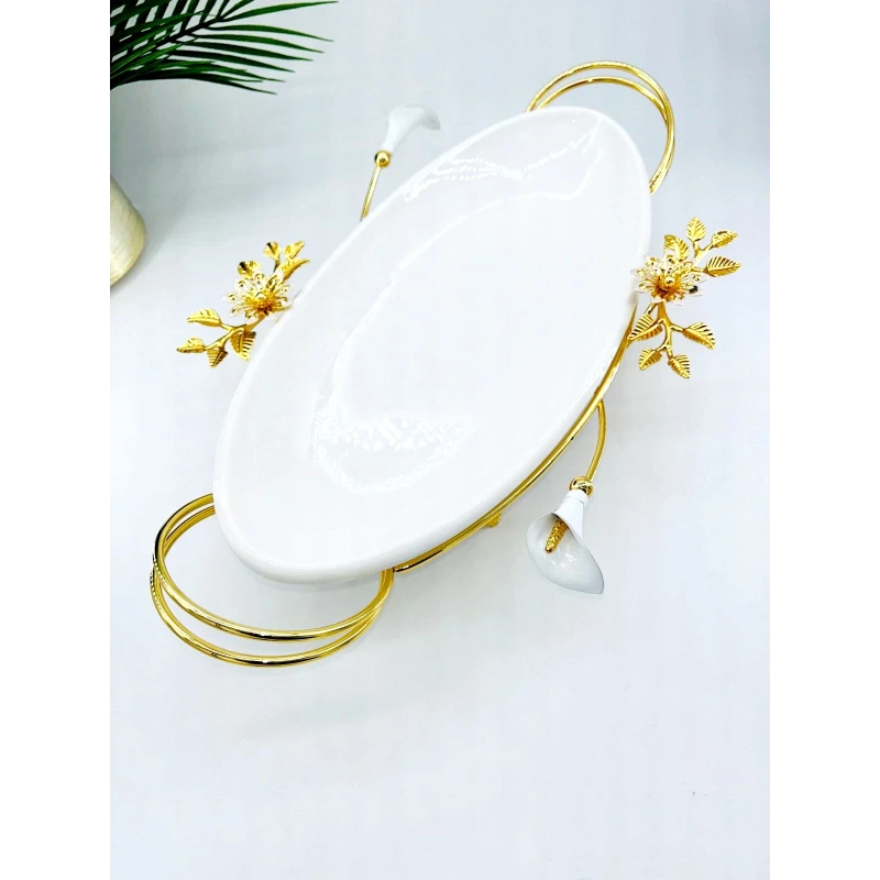 Plat Ovale en Porcelaine avec Support Doré