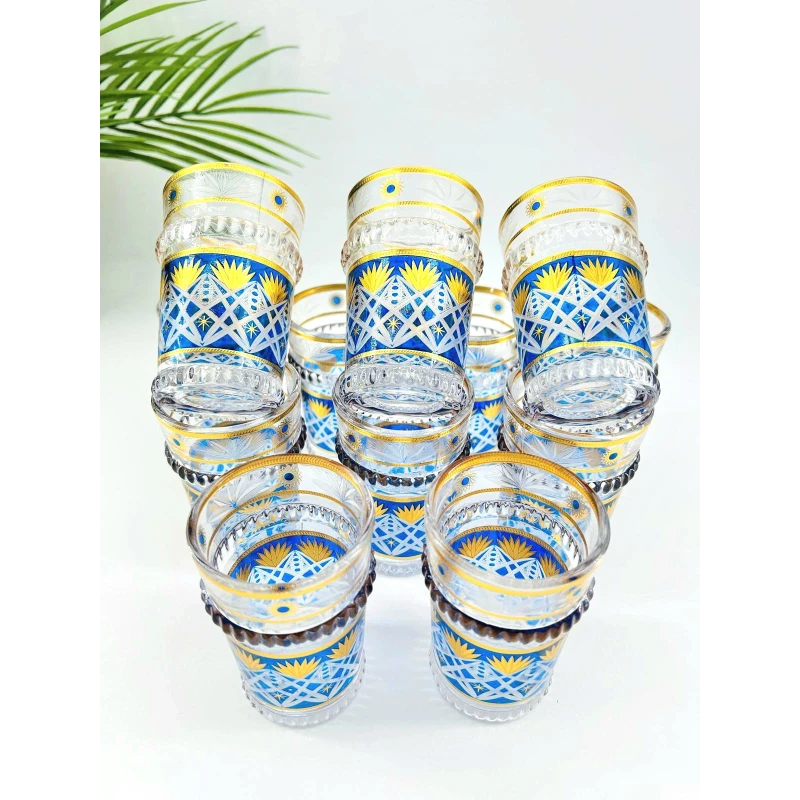 Ensemble de 12 verres à thé décorés – Motifs dorés et colorés (9 x 5,5 cm)