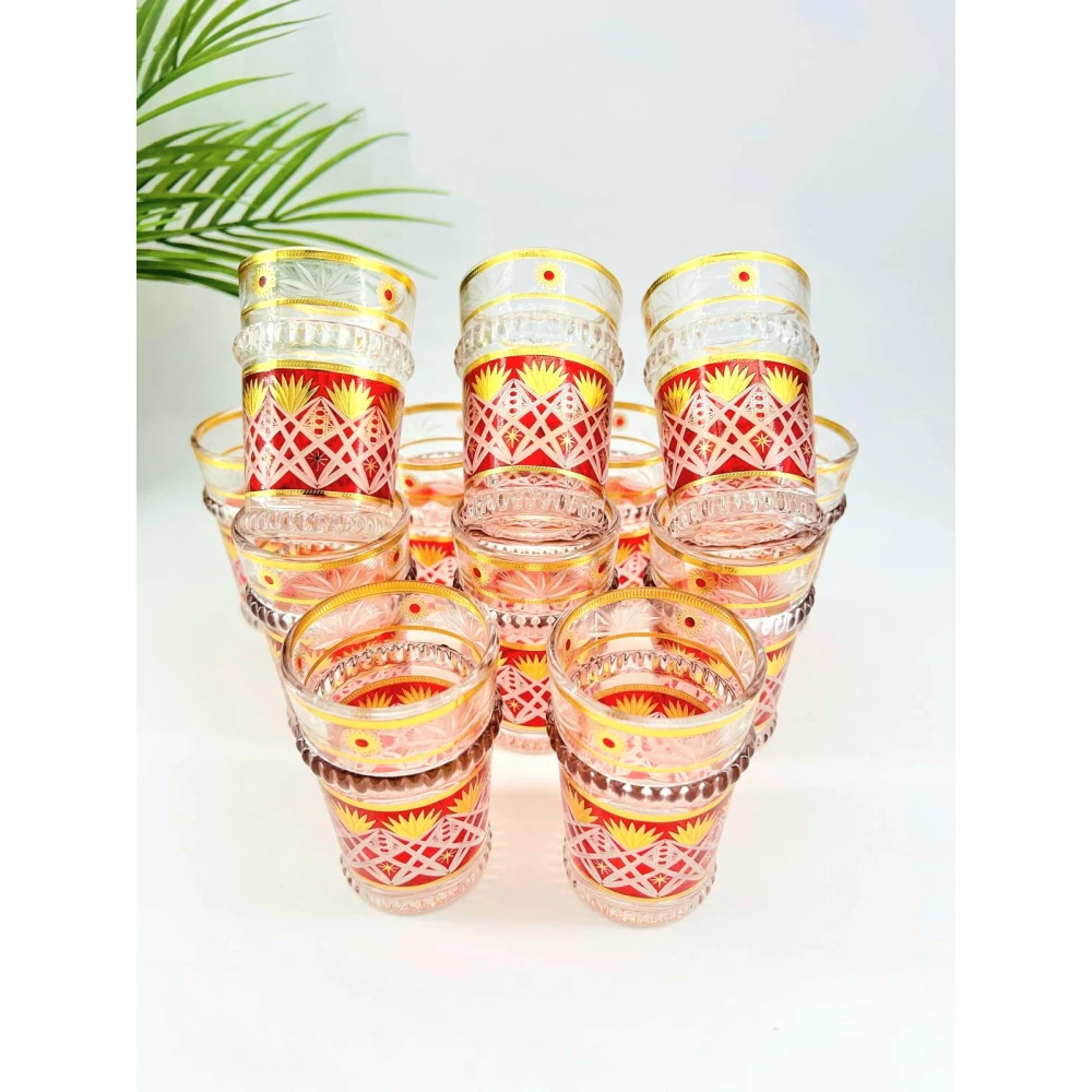 Ensemble de 12 verres à thé rouges et dorés – Style oriental raffiné (9 x 5,5 cm)