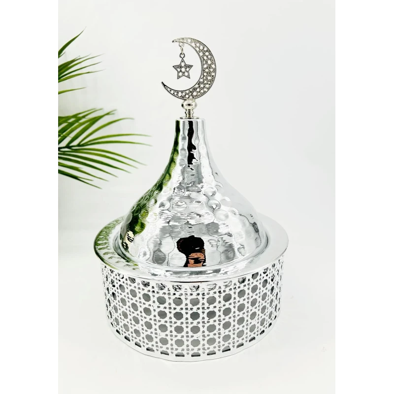 Tajine de présentation en métal ajouré argenté – couvercle amovible