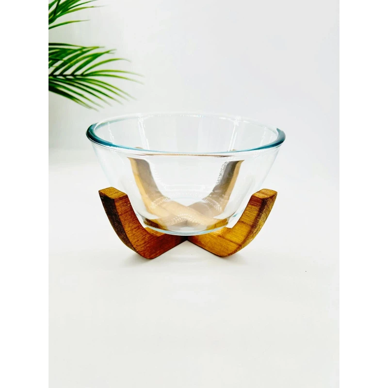 Bol en verre avec socle en bois d’acacia – Petit modèle
