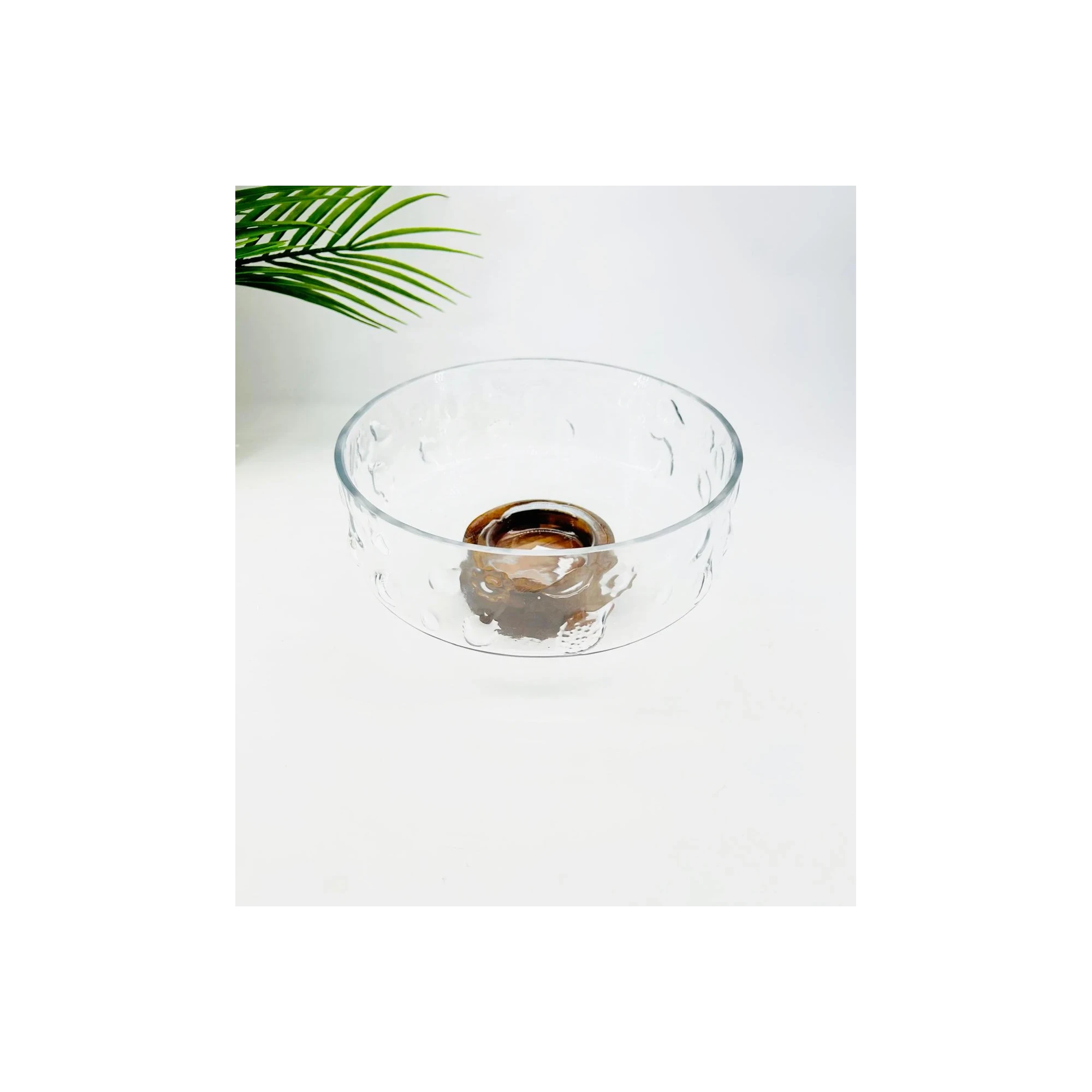 Saladier en verre décoré avec base intégrée en bois d’acacia – Petit modèle