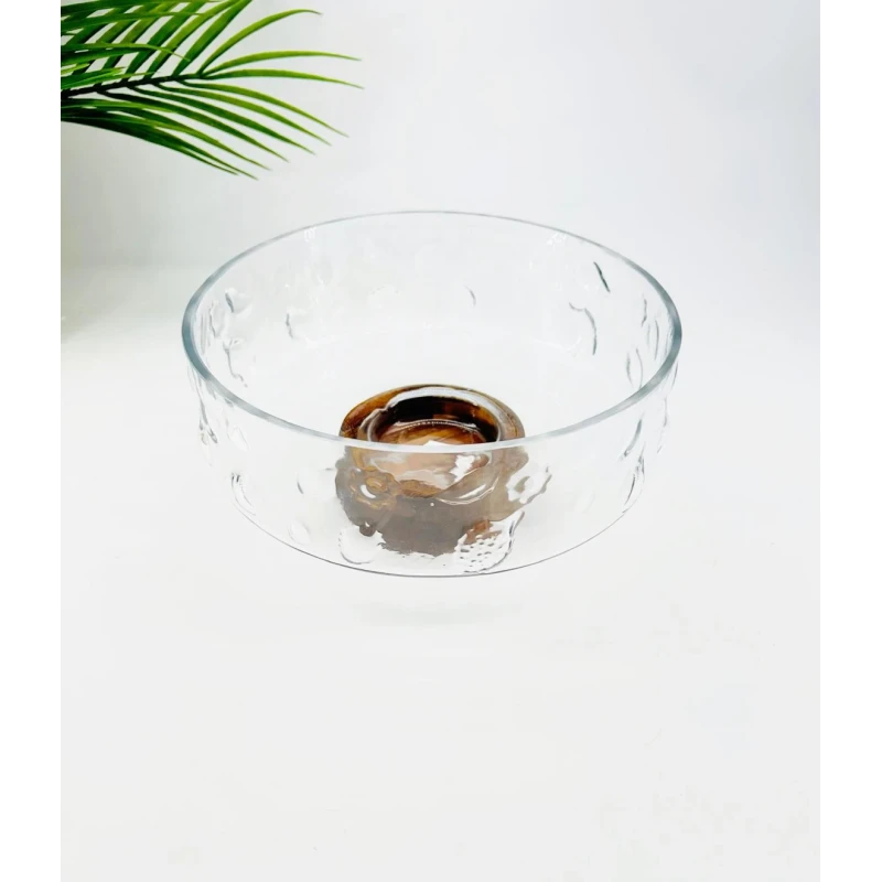 Saladier en verre décoré avec base intégrée en bois d’acacia – Petit modèle