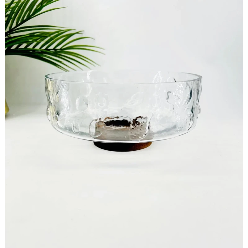 Saladier en verre décoré avec base intégrée en bois d’acacia – Petit modèle