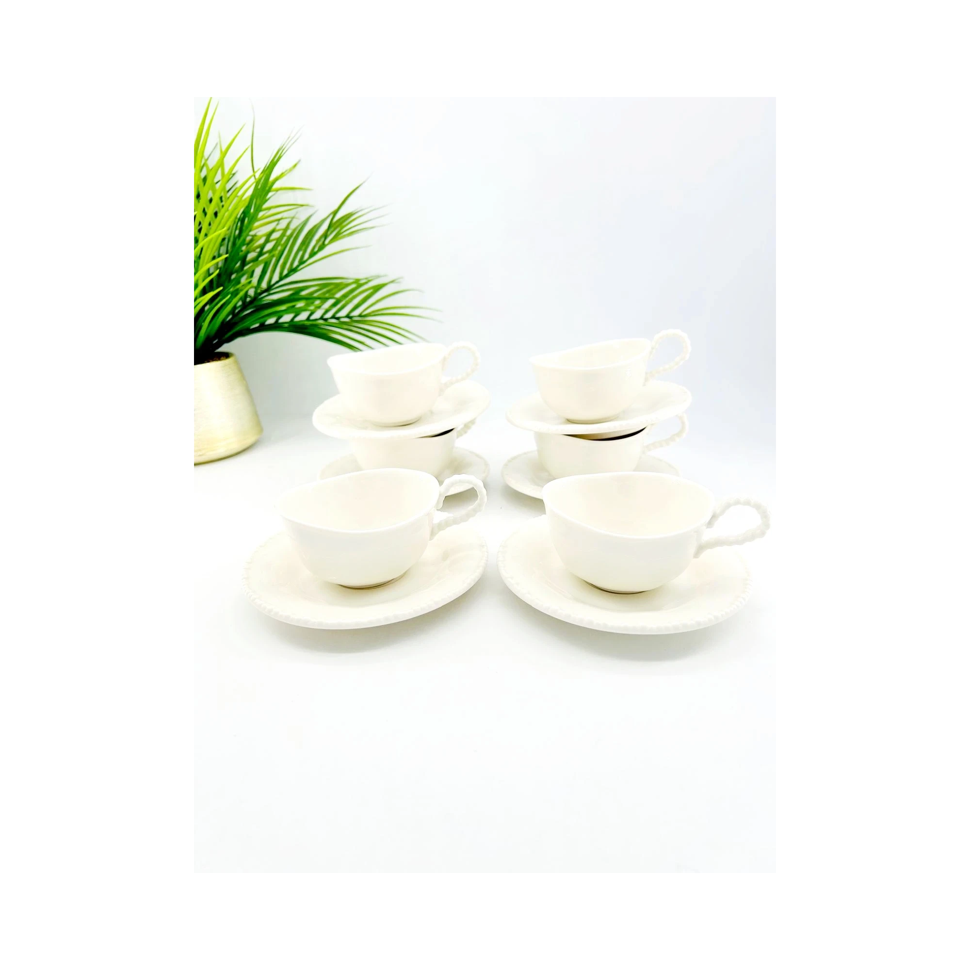 Service de 6 tasses et sous-tasses en porcelaine blanche – Finition perlée