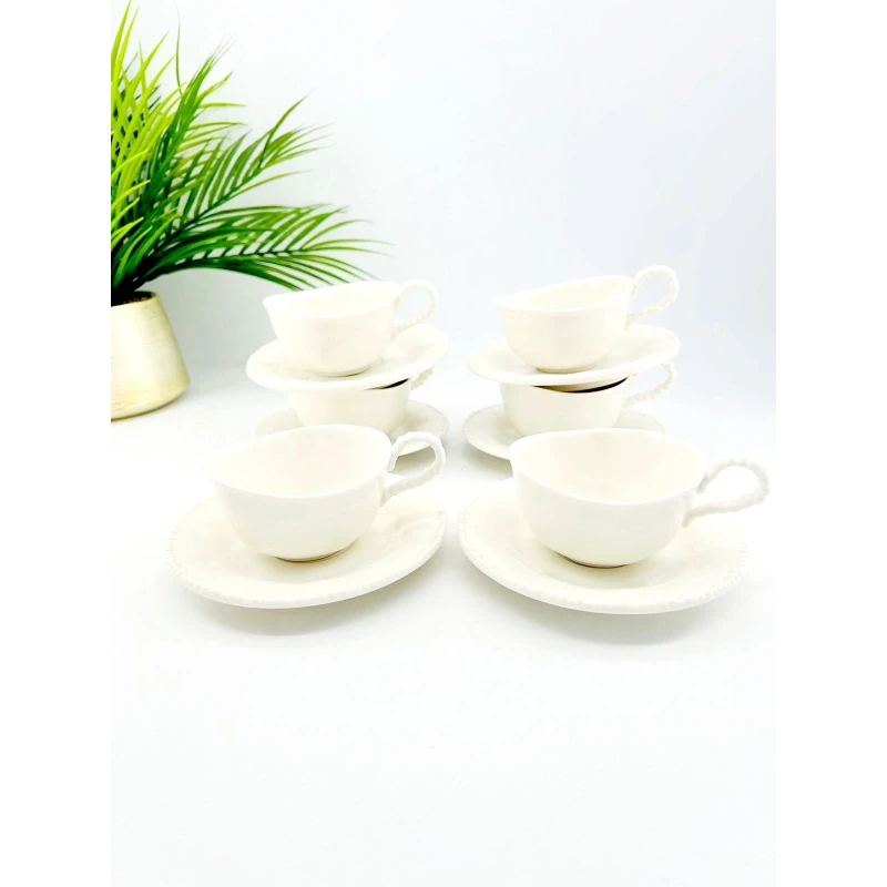 Service de 6 tasses et sous-tasses en porcelaine blanche – Finition perlée