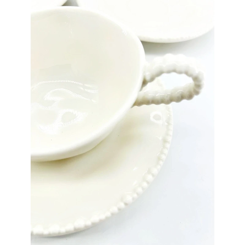 Service de 6 tasses et sous-tasses en porcelaine blanche – Finition perlée