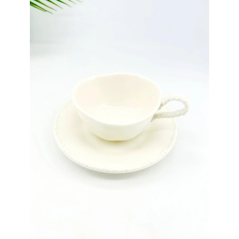 Service de 6 tasses et sous-tasses en porcelaine blanche – Finition perlée
