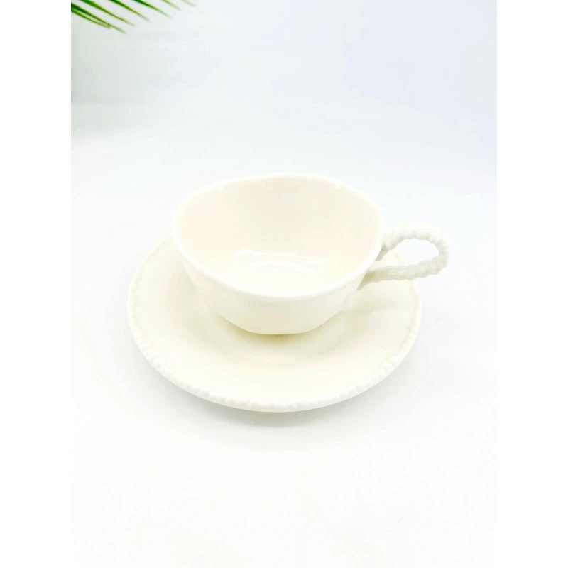 Service de 6 tasses et sous-tasses en porcelaine blanche – Finition perlée