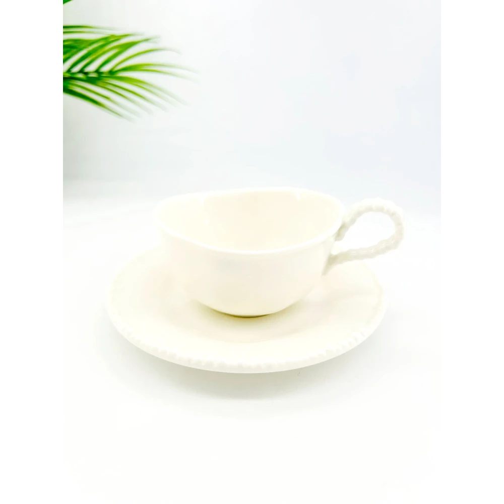 Service de 6 tasses et sous-tasses en porcelaine blanche – Finition perlée