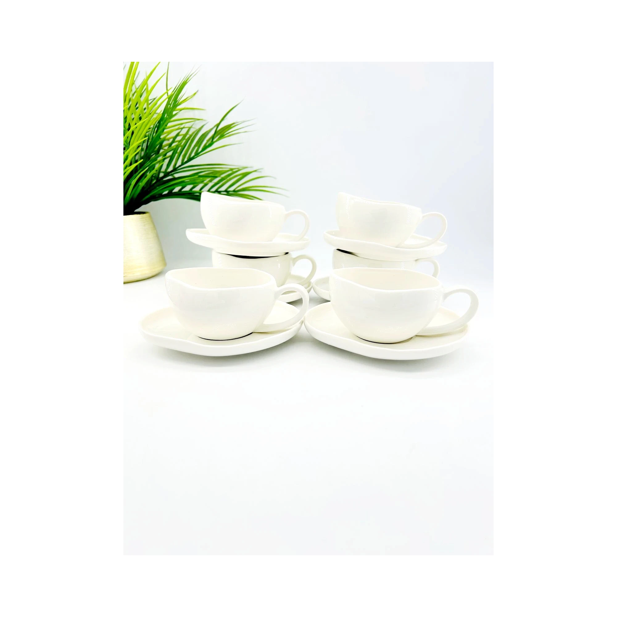 Service de 6 tasses et sous-tasses en porcelaine blanche – Design contemporain
