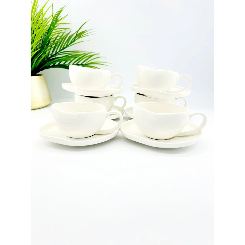 Service de 6 tasses et sous-tasses en porcelaine blanche – Design contemporain