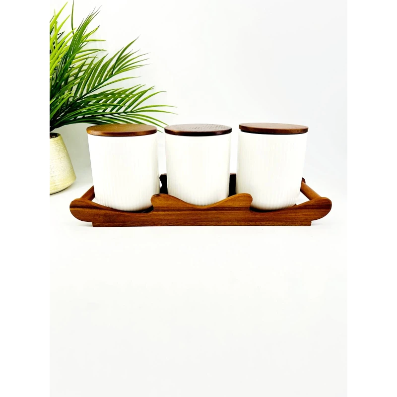 Set de 3 pots en porcelaine avec plateau en bois d’acacia – 0,85 L (par pot)