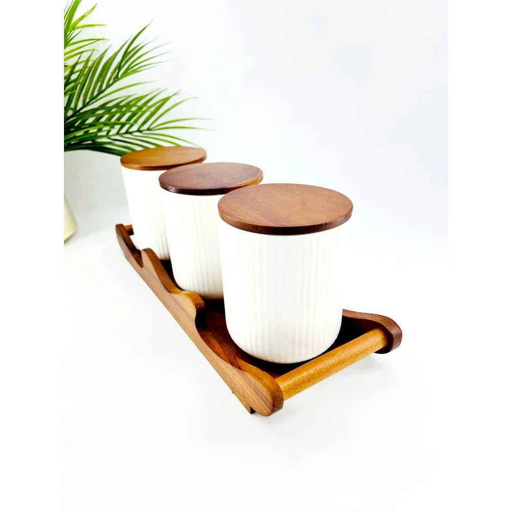 Set de 3 pots en porcelaine avec plateau en bois d’acacia – 0,85 L (par pot)