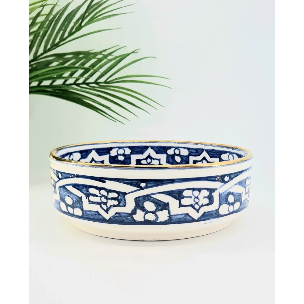 Rondelle en porcelaine de Safi – Motifs bleus & liseré or 12 carats