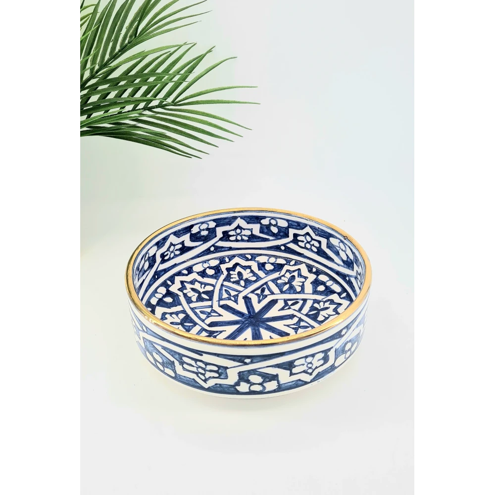 Rondelle en porcelaine de Safi – Motifs bleus & liseré or 12 carats