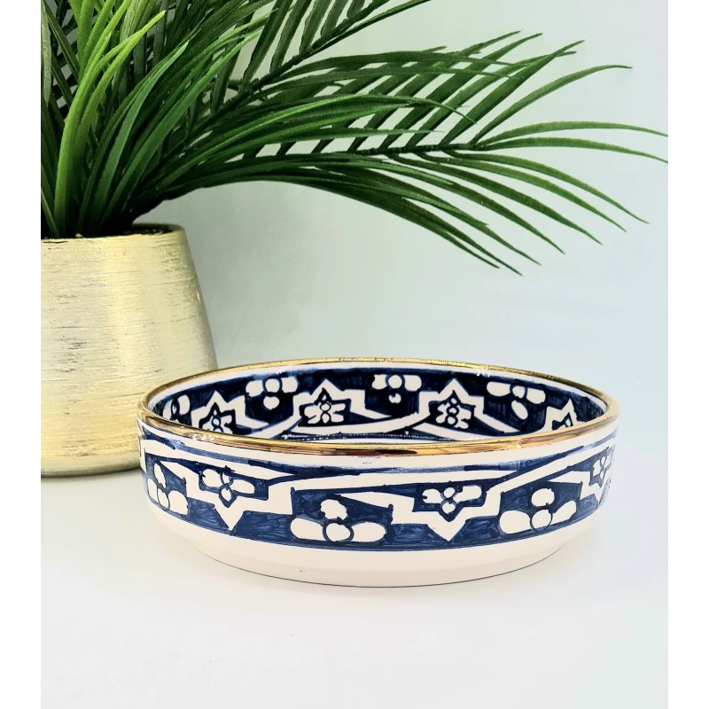 Mini rondelle artisanale de Safi – Motifs bleus & liseré or 12 carats