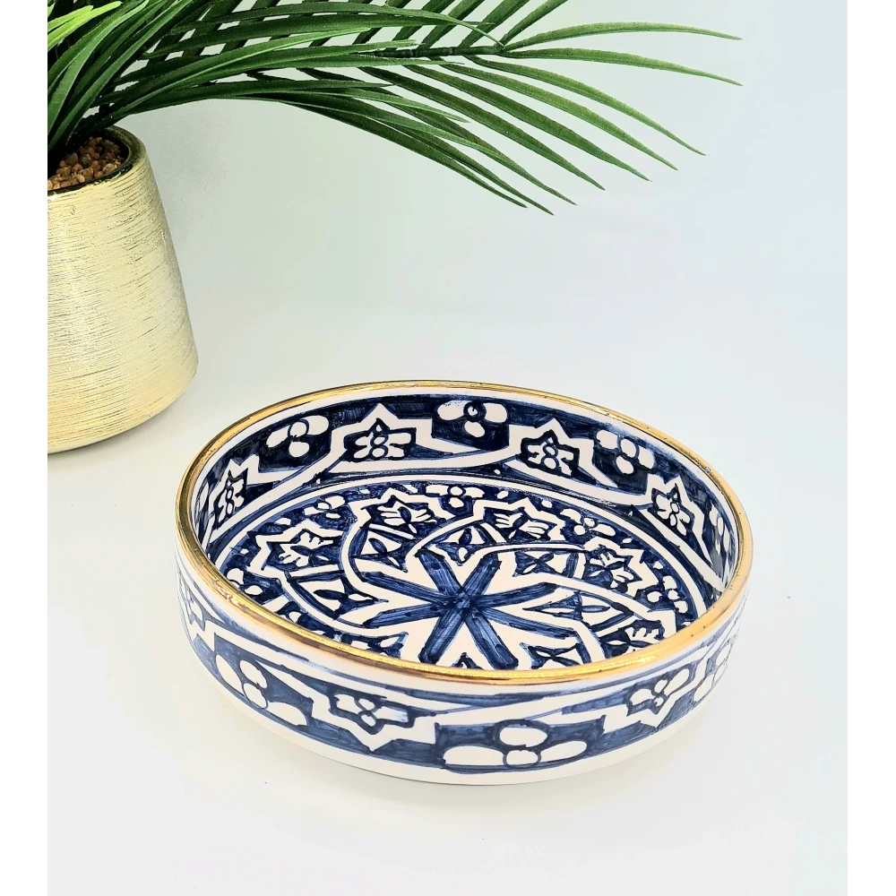 Mini rondelle artisanale de Safi – Motifs bleus & liseré or 12 carats