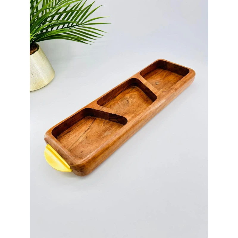 Plateau apéritif acacia 3 compartiments doré | TBK 45cm