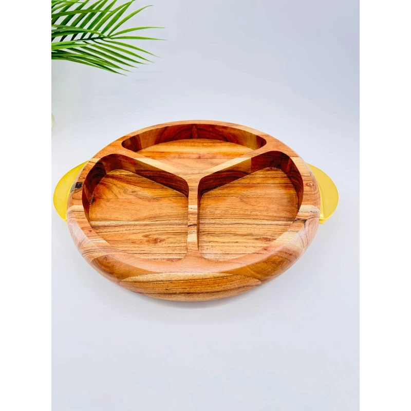 Plateau apéritif rond acacia 3 compartiments anses dorées