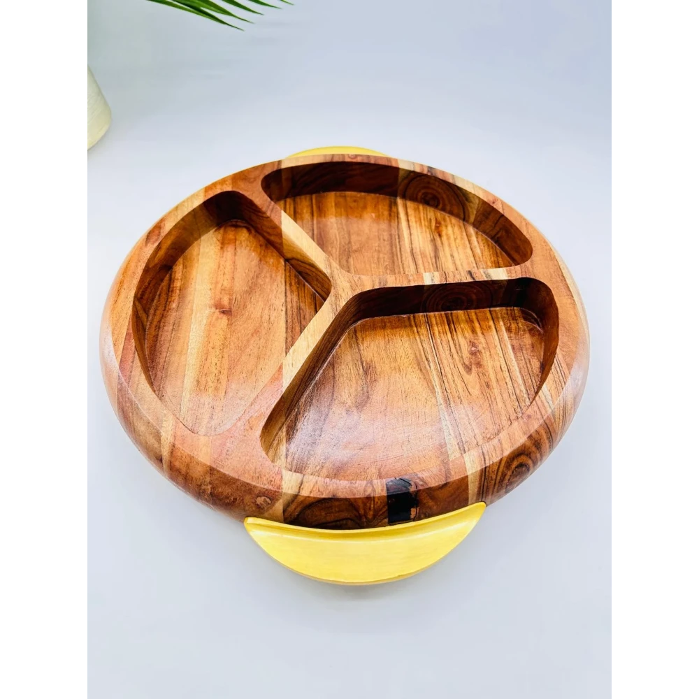 Plateau apéritif rond acacia 3 compartiments anses dorées