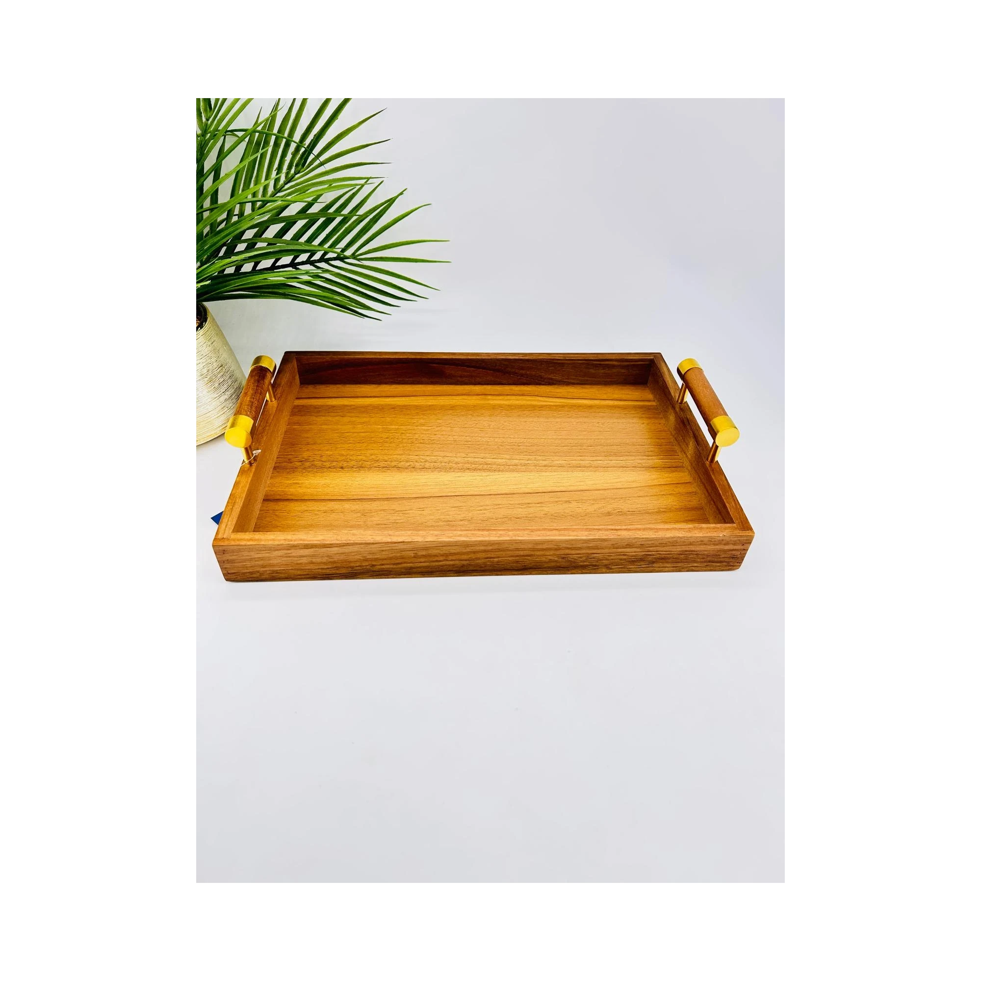 Plateau service acacia poignées métal doré | TBK 39cm